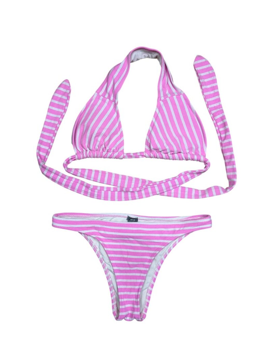 Aerie Pink & White Striped Bikini Set Halter Top & Cheeky Bottoms Size Small